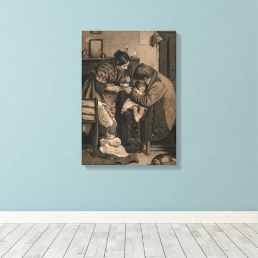 Ziek kind ondersteund door haar vader en moeder canvas afdruk (Insitu (Houten vloer))