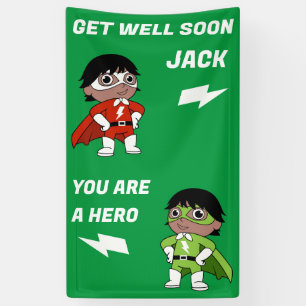 Zieke jongen super held krijgen goed spandoek