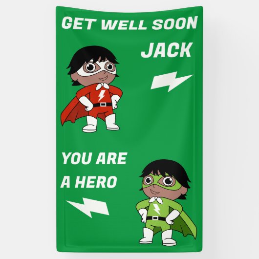 Zieke jongen super held krijgen goed spandoek (Verticaal)