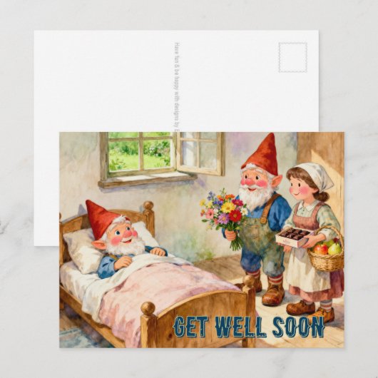 Zieke tuinkabouter thuis met bezoek 4 briefkaart (Voorkant / Achterkant)