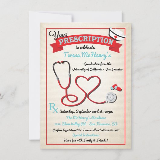 Ziektemedische Afstuderen Hartstethoscoop uitnodig Kaart (Voorkant)