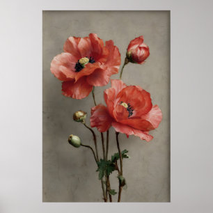 Zielige Klaprozen Bloemendruk, Vintage Donkere Aca Poster