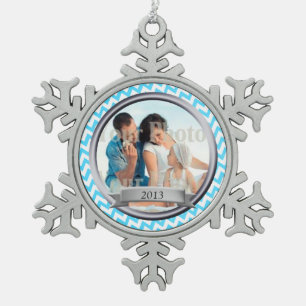 Zig Zag Patroon Fotoherinnering Tin Sneeuwvlok Ornament