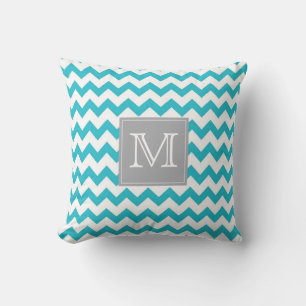 Zig Zag turquoise Pattern met grijze monogram doos Kussen