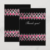 Zig zag zilverlijnen, roze details op massief zwar bedankkaart (Voorkant / Achterkant)