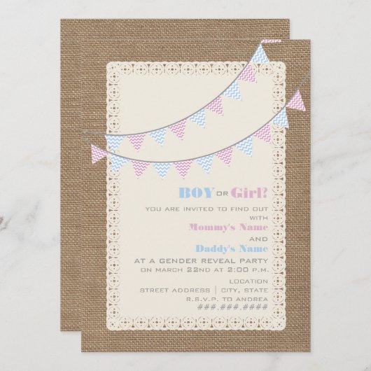 Zigzag Bunting Gender onthulling Party Invitation Kaart (Voorkant / Achterkant)
