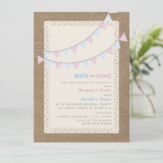 Zigzag Bunting Gender onthulling Party Invitation Kaart (Staand voorkant)