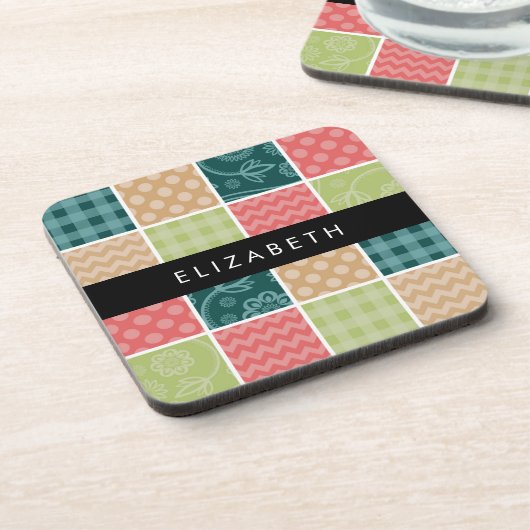 zigzag, Chevron, Gingham, Polka dots, Jouw naam Bier Onderzetter (Linkerzijde)