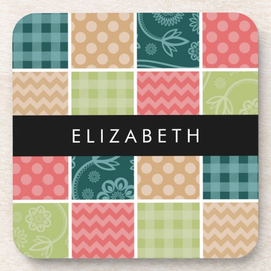 zigzag, Chevron, Gingham, Polka dots, Jouw naam Bier Onderzetter (Voorkant)