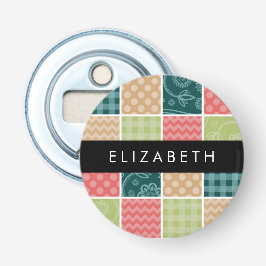 zigzag, Chevron, Gingham, Polka dots, Jouw naam Button Flesopener