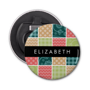 zigzag, Chevron, Gingham, Polka dots, Jouw naam Button Flesopener