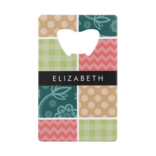 zigzag, Chevron, Gingham, Polka dots, Jouw naam Creditkaart Flessenopener (Voorkant)