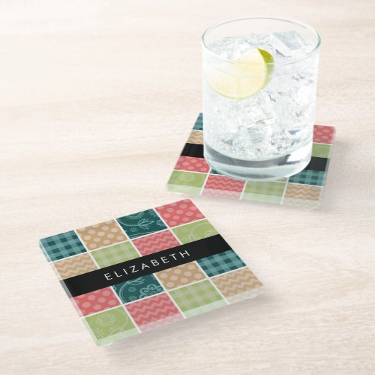 zigzag, Chevron, Gingham, Polka dots, Jouw naam Glazen Onderzetter (Schuin)