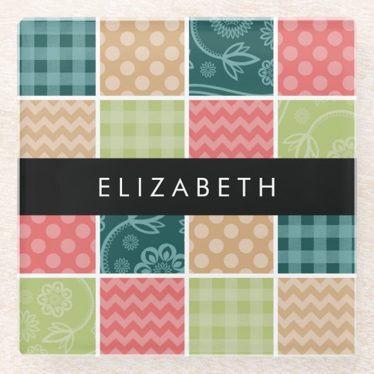 zigzag, Chevron, Gingham, Polka dots, Jouw naam Glazen Onderzetter (Voorkant)
