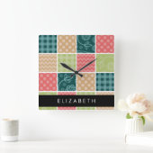 zigzag, Chevron, Gingham, Polka dots, Jouw naam Vierkante Klok (Huis)