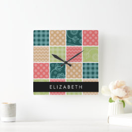 zigzag, Chevron, Gingham, Polka dots, Jouw naam Vierkante Klok