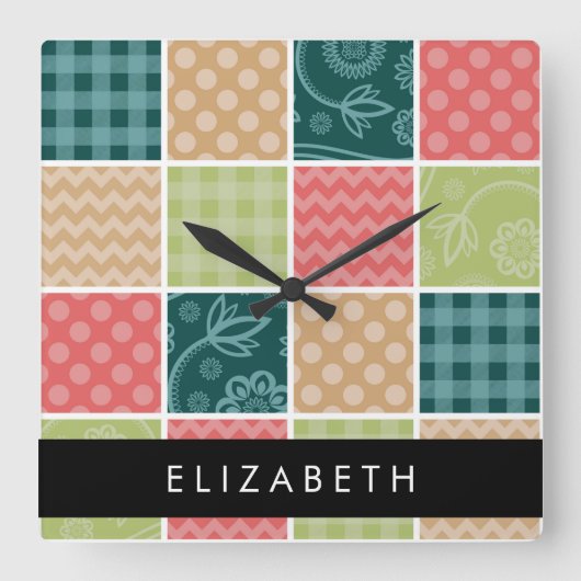 zigzag, Chevron, Gingham, Polka dots, Jouw naam Vierkante Klok (Voorkant)