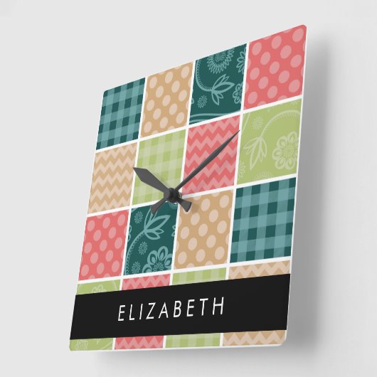 zigzag, Chevron, Gingham, Polka dots, Jouw naam Vierkante Klok (Hoek)