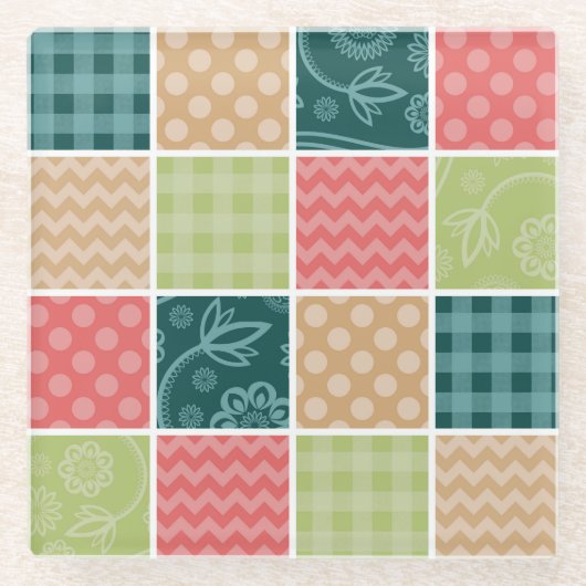 Zigzag, Chevron, Gingham, Polka Dots, Patchwork Glazen Onderzetter (Voorkant)