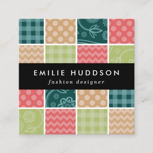 Zigzag, Chevron, Gingham, Polka Dots, Patchwork Vierkante Visitekaartje (Voorkant)