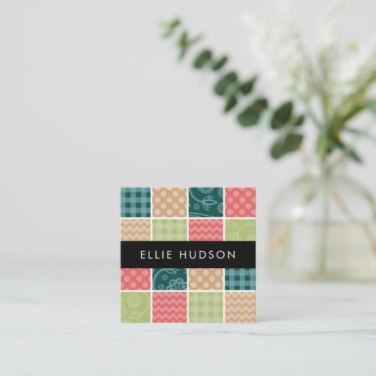 Zigzag, Chevron, Gingham, Polka Dots, Patchwork Vierkante Visitekaartje (Staand voorkant)
