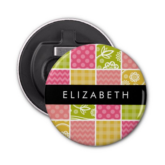 zigzag, Chevron, Polka Dots, Gingham, Jouw naam Button Flesopener (Voorkant)