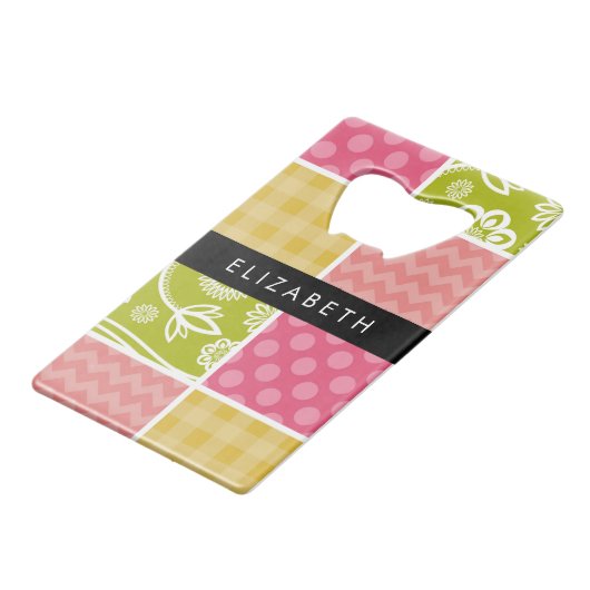 zigzag, Chevron, Polka Dots, Gingham, Jouw naam Creditkaart Flessenopener (Achterkant Gekanteld)