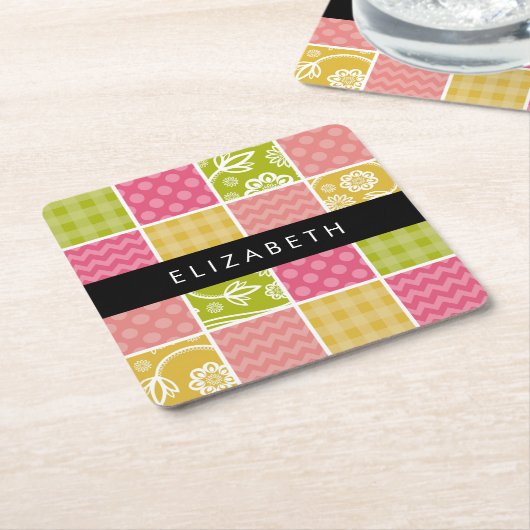 zigzag, Chevron, Polka Dots, Gingham, Jouw naam Kartonnen Onderzetters (Schuin)