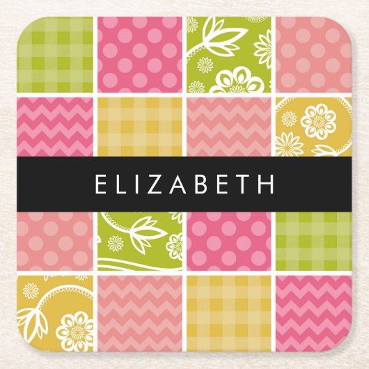 zigzag, Chevron, Polka Dots, Gingham, Jouw naam Kartonnen Onderzetters (Voorkant)