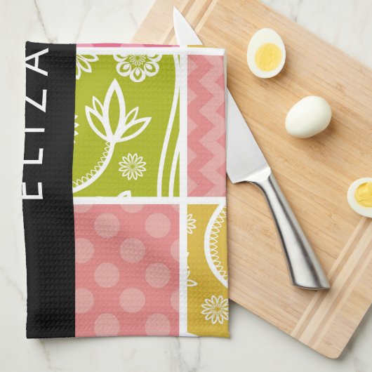 zigzag, Chevron, Polka Dots, Gingham, Jouw naam Theedoek (Quarter Fold)