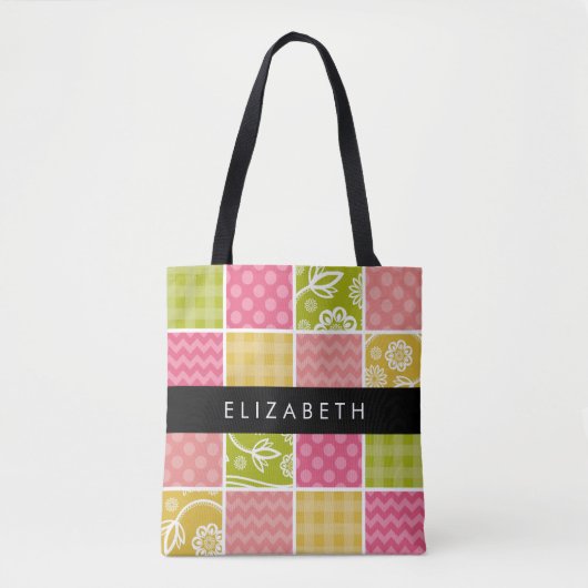 zigzag, Chevron, Polka Dots, Gingham, Jouw naam Tote Bag (Voorkant)