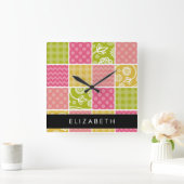 zigzag, Chevron, Polka Dots, Gingham, Jouw naam Vierkante Klok (Huis)