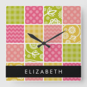 zigzag, Chevron, Polka Dots, Gingham, Jouw naam Vierkante Klok (Voorkant)