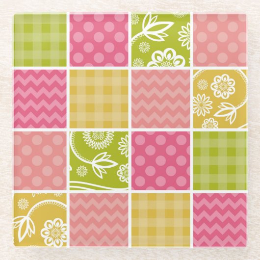 Zigzag, Chevron, Polka Dots, Gingham, Patchwork Glazen Onderzetter (Voorkant)