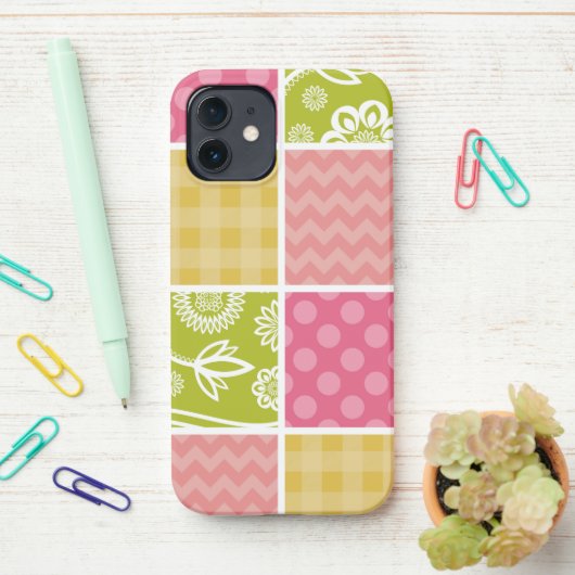 Zigzag, Chevron, Polka Dots, Gingham, Patchwork iPhone Hoesje (Op bureau)