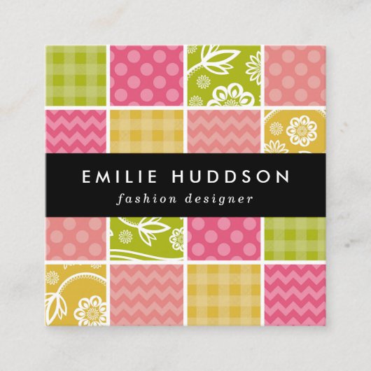Zigzag, Chevron, Polka Dots, Gingham, Patchwork Vierkante Visitekaartje (Voorkant)