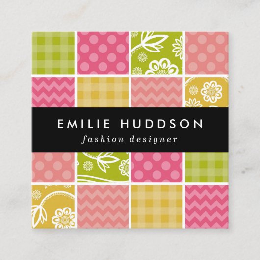 Zigzag, Chevron, Polka Dots, Gingham, Patchwork Vierkante Visitekaartje (Voorkant)
