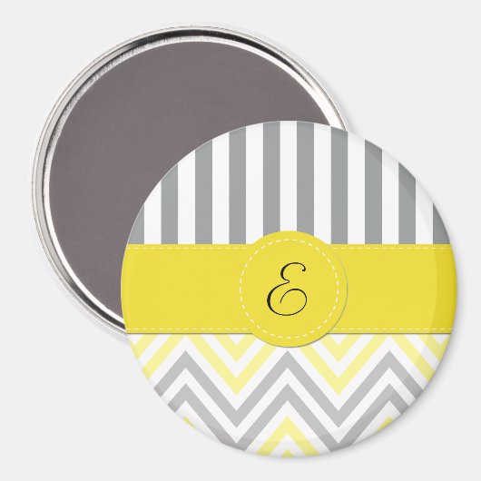 Zigzag, Chevron, Stripes, Geel, Grijs, Monogram Magneet (Voorkant / Achterkant)