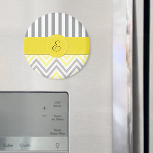 Zigzag, Chevron, Stripes, Geel, Grijs, Monogram Magneet