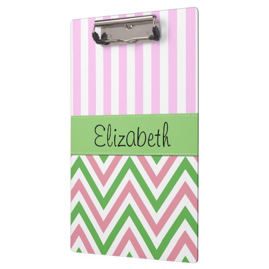 Zigzag, Chevron, Stripes, Roze, Groen, Jouw naam Klembord (Links)
