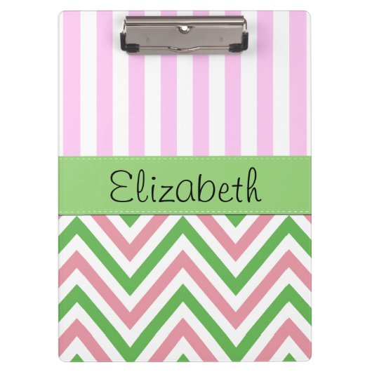Zigzag, Chevron, Stripes, Roze, Groen, Jouw naam Klembord (Voorkant)