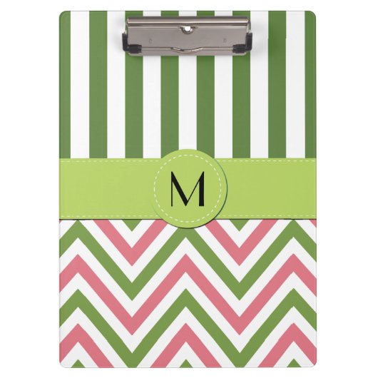Zigzag, Chevron, Stripes, Roze, Groen, Monogram Klembord (Voorkant)