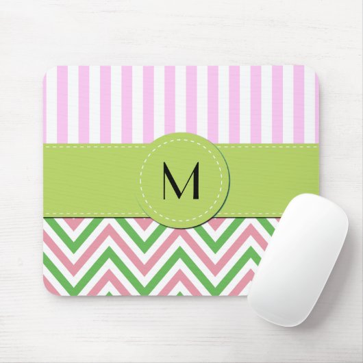 Zigzag, Chevron, Stripes, Roze, Groen, Monogram Muismat (Met muis)