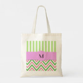 Zigzag, Chevron, Stripes, Roze, Groen, Monogram Tote Bag (Achterkant)