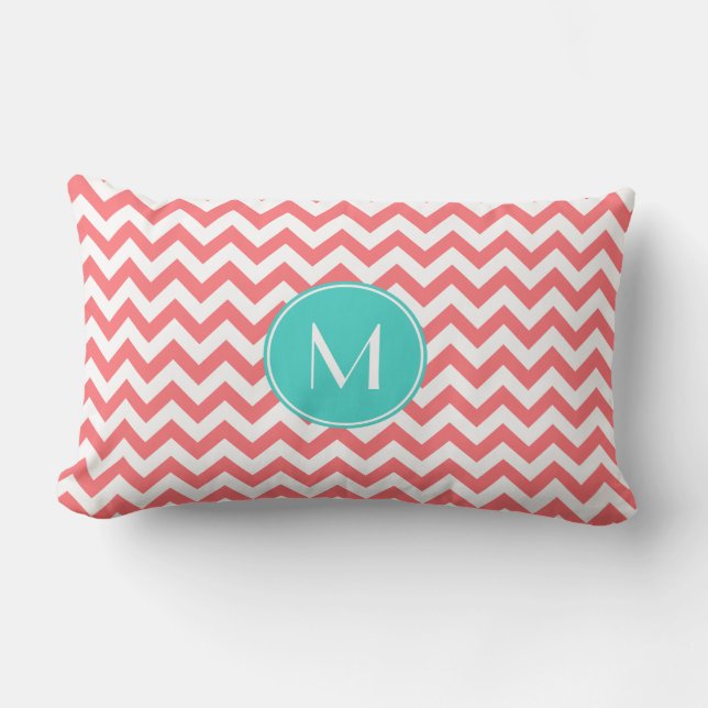Zigzag Coral en Aqua Custom Monogram Kussen (Voorkant)