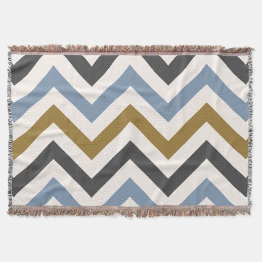 Zigzag Large Pattern Gold Grey & Blue op Cream Deken (Voorkant)