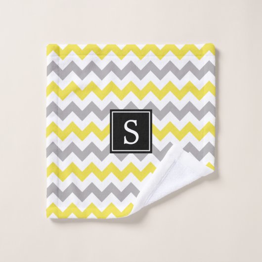 Zigzag patroon, Chevron, Geel, Grijs, Monogram Bad Handdoek (Wasdoekje)