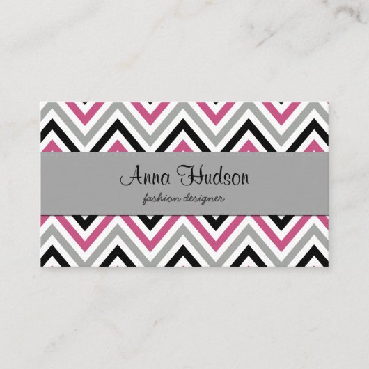 Zigzag Patroon, Chevron Pattern, Roze, Grijs, Zwar Visitekaartje (Voorkant)