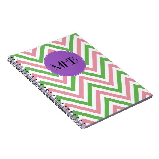 Zigzag Patroon, Chevron, Roze, Groen, Monogram Notitieboek (Rechterzijde)