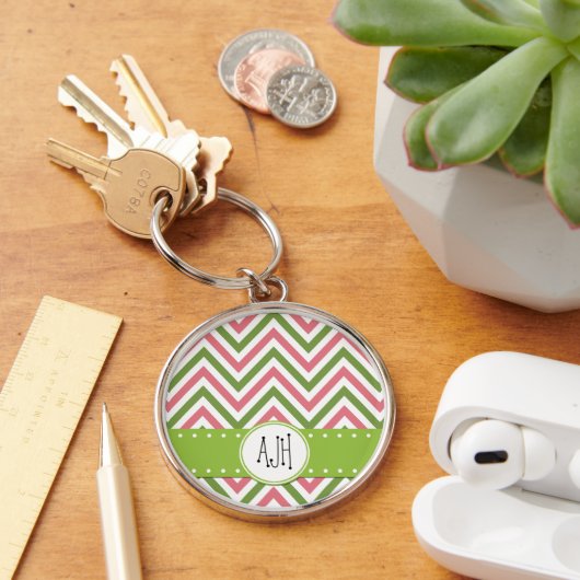 Zigzag Patroon, Chevron, Roze, Groen, Monogram Sleutelhanger (Bureau)